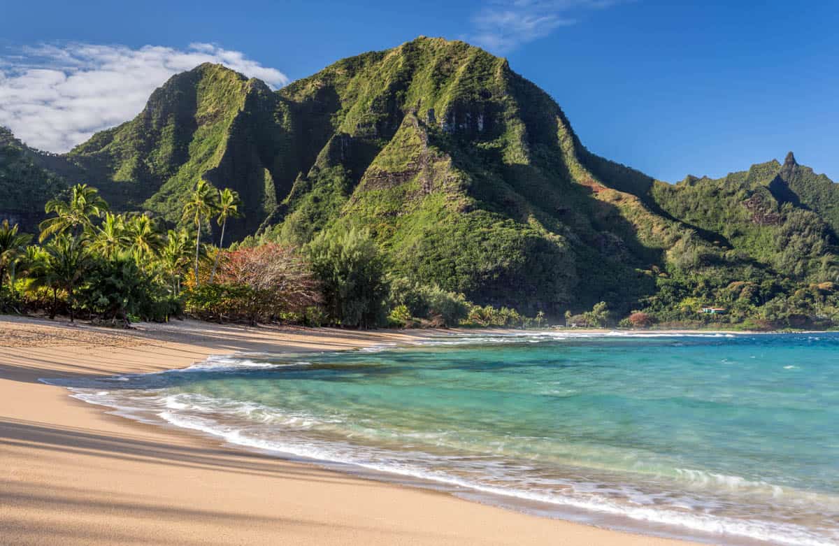 Tunnels Beach in Kauai with the backdrop of Mount Makana is one of the most beautiful beaches in Hawaii